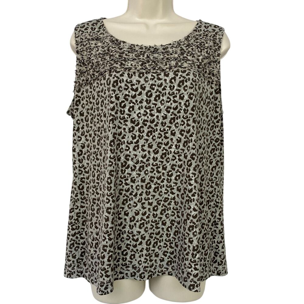 Chicos Travelers Top 2 Large‎ Animal Print Ruffle Trim Metallic Tank Brown Tan